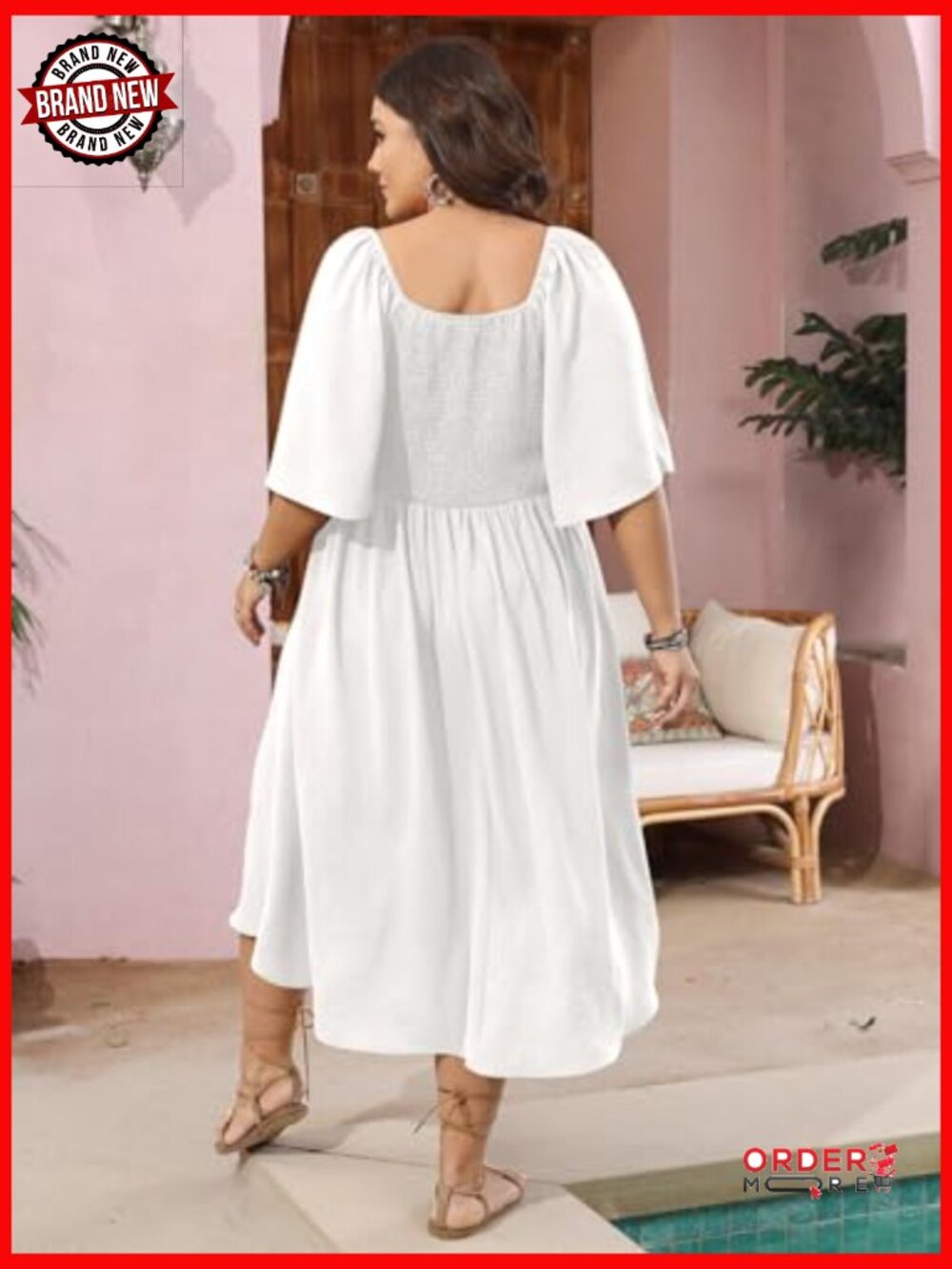 Plus Size Flowy Midi Dress with Tie Front V Neck and Smocked Back - Picture 6 of 7